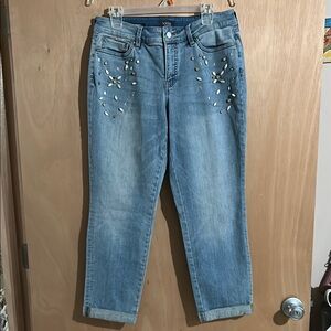 NYDJ Blue Cropped Ankle Boyfriend Jeans with Embellishments